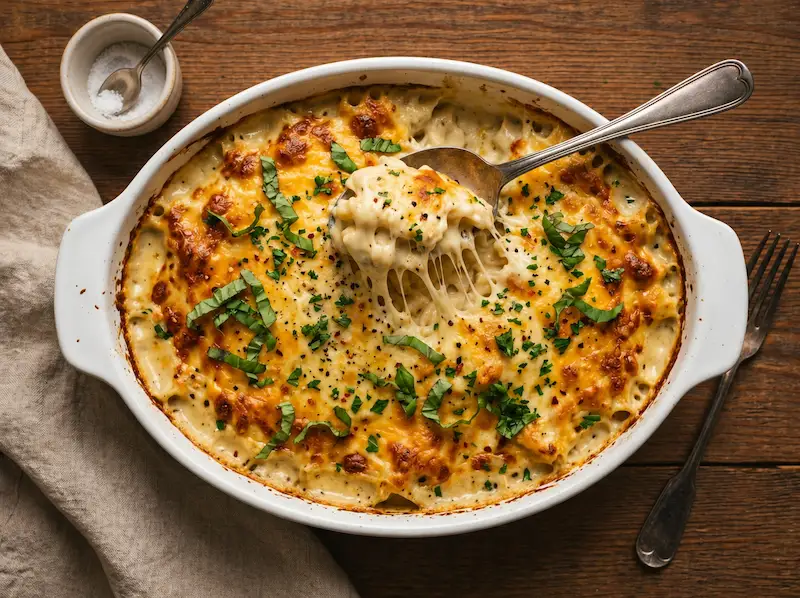 Macarrão cremoso ao forno com queijo gratinado