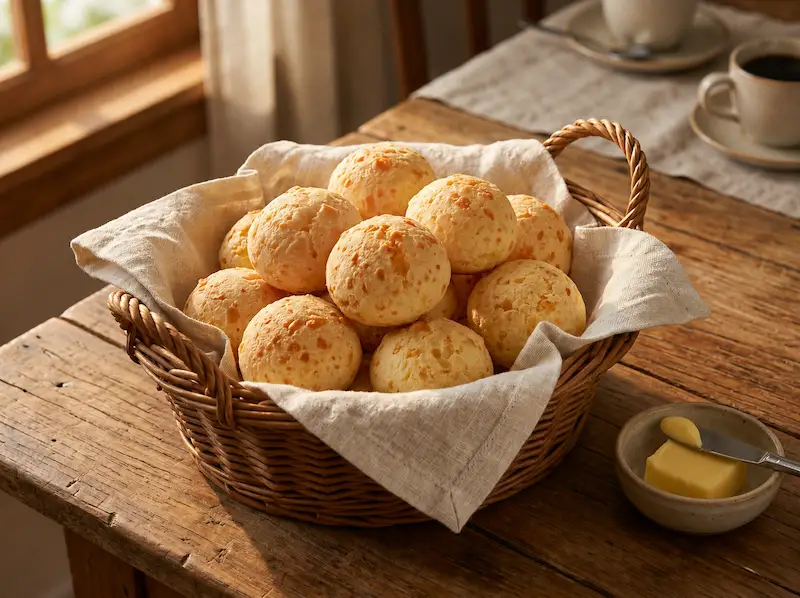 Pão de queijo mineiro dourado em cesta
