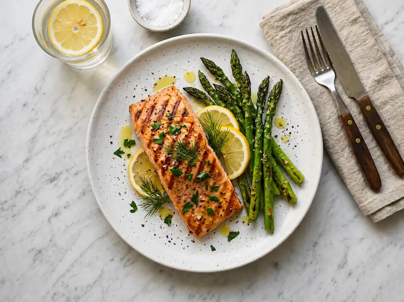 Salmão grelhado com ervas frescas e limão