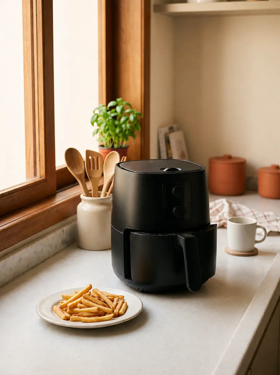 Air Fryer parada na cozinha com prato simples de batata frita - momento antes de descobrir o método